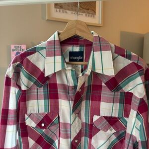 Wrangler Cowboy Cut Western Pearl Snap Red and White Plaid Shirt 16 / 34